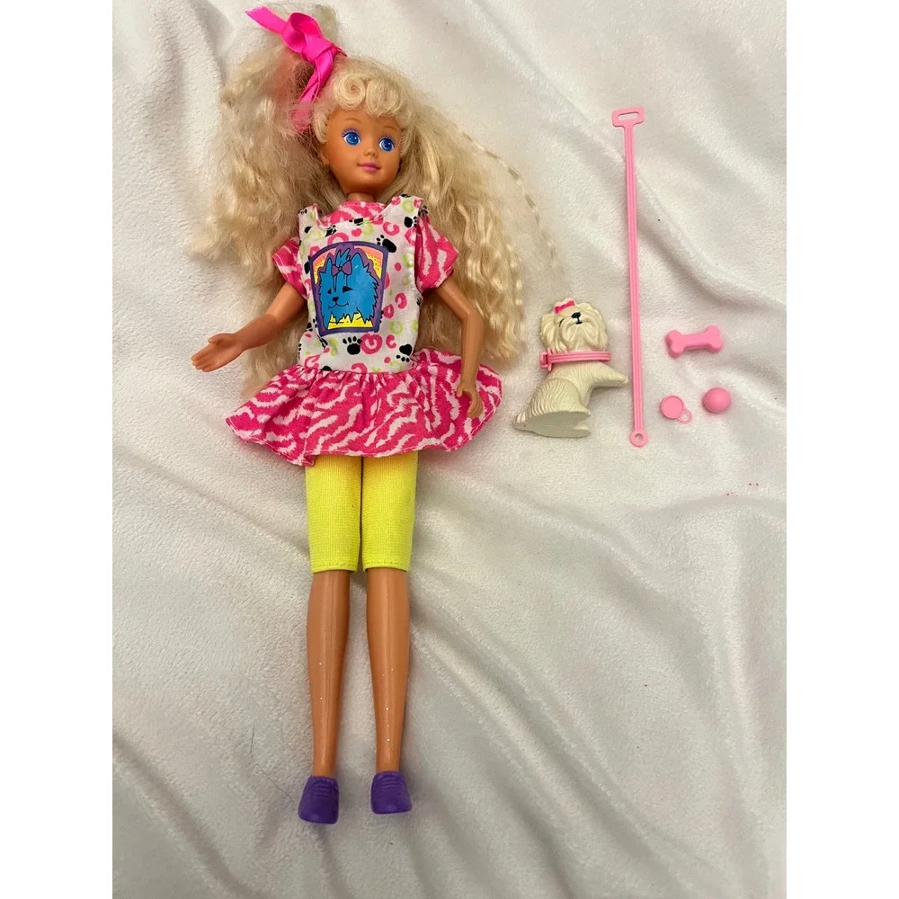 Vintage 1991 Pet Pal Stacie Doll with Dog and Accessories Neon Pink Yellow 90s